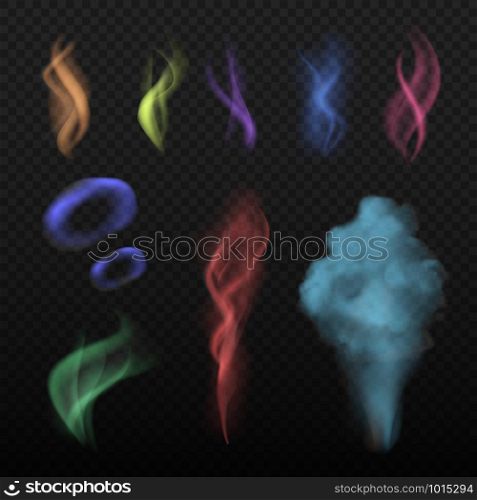 Colored smoke. Steam and smell spread buring haze colorful vector collection realistic set. Illustration of color smoke, steam and smell, perfume realistic and vapor aroma. Colored smoke. Steam and smell spread buring haze colorful vector collection realistic set