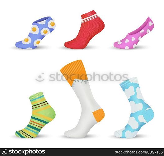 Colored socks. Beauty fashioned item for foot socks decent vector realistic textile collection of foot clothing sock accessory illustration. Colored socks. Beauty fashioned item for foot socks decent vector realistic textile collection