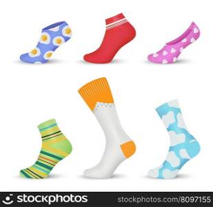 Colored socks. Beauty fashioned item for foot socks decent vector realistic textile collection of foot clothing sock accessory illustration. Colored socks. Beauty fashioned item for foot socks decent vector realistic textile collection