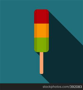 Colored sorbet on wooden stick icon. Flat illustration of colored sorbet vector icon for web isolated on baby blue background. Colored sorbet on wooden stick icon, flat style