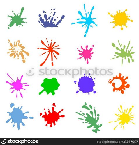 Colored splashes of paint vector illustration set. Abstract ink drops made with brush. Creative work, projects, hobby concept for art designs or decorations