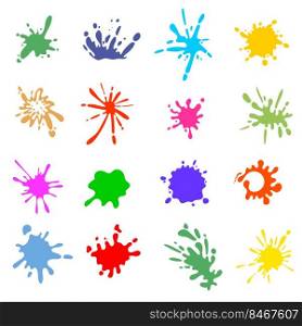 Colored splashes of paint vector illustration set. Abstract ink drops made with brush. Creative work, projects, hobby concept for art designs or decorations