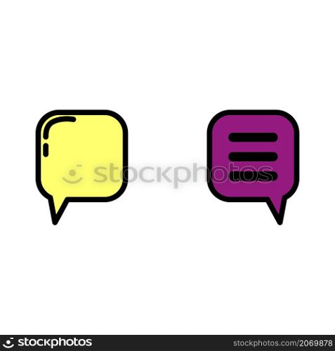Colored square chat box icon. Yellow and purple sign. Message emblem. Cartoon style. Vector illustration. Stock image. EPS 10.. Colored square chat box icon. Yellow and purple sign. Message emblem. Cartoon style. Vector illustration. Stock image.