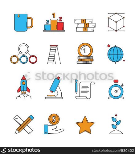 Colored startup icons. Business plan perfect innovation idea dreams entrepreneurship investors vector linear icon isolated. Start up strategy development icons, funding financial project illustration. Colored startup icons. Business plan perfect innovation idea dreams entrepreneurship investors vector linear icon isolated