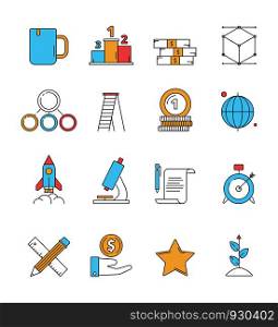 Colored startup icons. Business plan perfect innovation idea dreams entrepreneurship investors vector linear icon isolated. Start up strategy development icons, funding financial project illustration. Colored startup icons. Business plan perfect innovation idea dreams entrepreneurship investors vector linear icon isolated