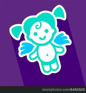 Colored sticker angel. Colored sticker angel on violet background, vector illustration