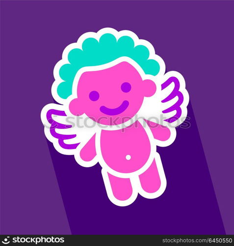 Colored sticker angel. Colored sticker angel on violet background, vector illustration