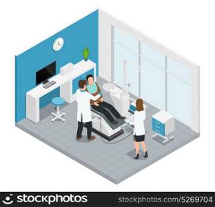 Colored Stomatology Dentistry Isometric Composition. Colored stomatology dentistry isometric composition with patient at the doctors office on dental treatment vector illustration