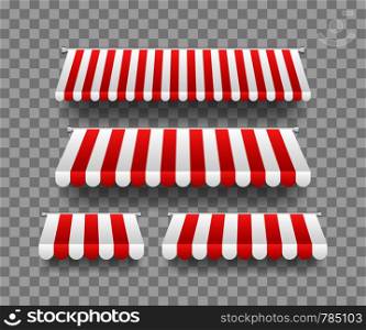 Colored striped awnings set for shop, restaurants and market store on transparent background. Vector illustration.. Colored striped awnings set for shop, restaurants and market store on transparent background. Vector stock illustration.