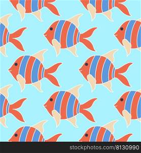 Colored striped baby fish seamless pattern. Sea underwater background. Hand drawn oceanic characters template. Print for fabric, paper, wallpaper and design vector. Colored striped baby fish seamless pattern
