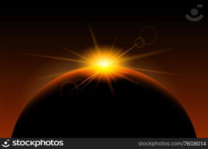 Colored sun planet in space composition with abstract sunrise in black space vector illustration