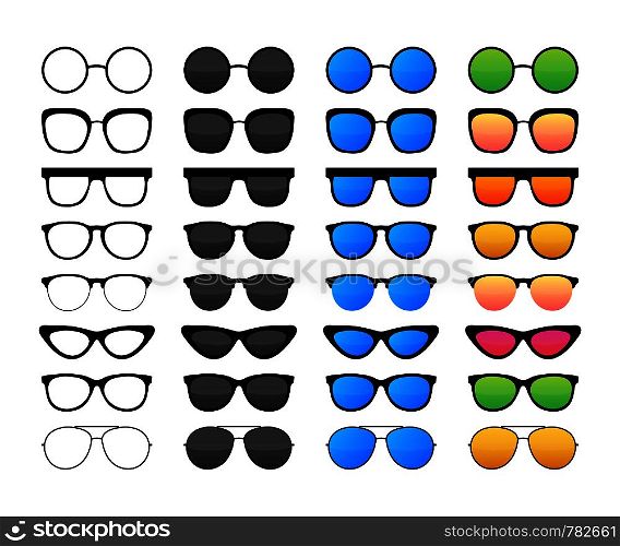 Colored Sunglass frame set isolated on white background. Vector stock illustration.. Colored Sunglass frame set isolated on white background. Vector illustration.
