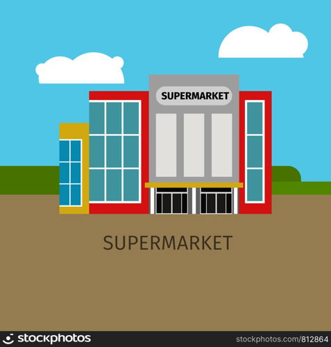 Colored supermarket building with sky and clouds, vector illustration. Colored supermarket building illustration