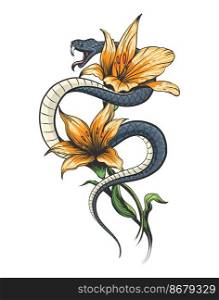 Colored Tattoo of Snake in Orchid Flowers isolated on white. Vector illustration.