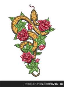 Colored Tattoo of Snake in Roses Flowers isolated on white. Vector illustration.