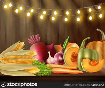 Colored Thanksgiving day background with vegetable still life on the table and lights at the top vector illustration. Colored Thanksgiving Day Background