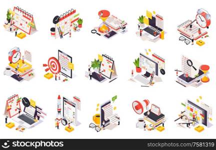 Colored time management planning schedule isometric icon set with to do list notes and other tools for planning vector illustration