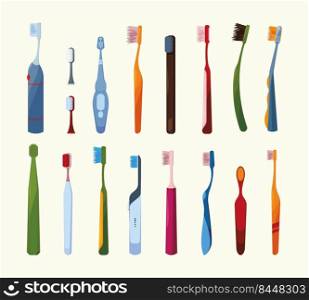 Colored toothbrushes. Oral healthcare hygiene equipment protection tooth cleaning electric brushes garish vector illustrations set. Collection of toothbrush for dental hygiene. Colored toothbrushes. Oral healthcare hygiene equipment protection tooth cleaning electric brushes garish vector illustrations set