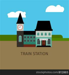 Colored train station building with sky and clouds. Vector illustration. Colored train station building