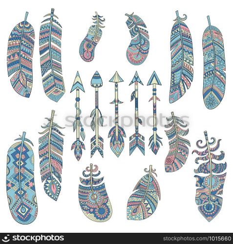 Colored tribal feathers. Arrow with pattern traditional american indian cultural decorated elements vector pictures. Illustration of tribal arrow and feather, indian ethnic. Colored tribal feathers. Arrow with pattern traditional american indian cultural decorated elements vector pictures