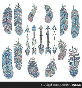 Colored tribal feathers. Arrow with pattern traditional american indian cultural decorated elements vector pictures. Illustration of tribal arrow and feather, indian ethnic. Colored tribal feathers. Arrow with pattern traditional american indian cultural decorated elements vector pictures