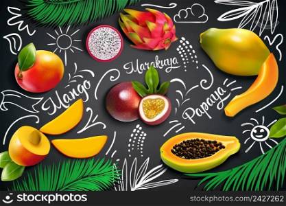 Colored tropical fruits chalkboard composition with mango marakuya papaya cut in half vector illustration. Tropical Fruits Chalkboard Composition