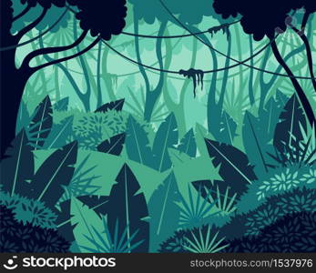 Colored tropical rainforest jungle background vector graphic illustration. Cartoon natural forest landscape with dense plant leaves foliage exotic subtropical climate backdrop. Colored tropical rainforest jungle background vector graphic illustration