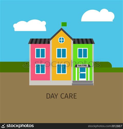 Colored urban day care building with sky and clouds, vector illustration. Colored urban day care building