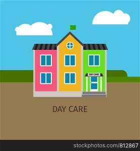 Colored urban day care building with sky and clouds, vector illustration. Colored urban day care building