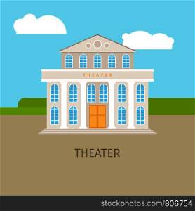 Colored urban theater building with sky and clouds. Vector illustration. Colored urban theater building