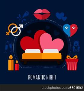 Colored valentines day flat composition with romantic night headline and bed for two vector illustration. Valentines Day Flat Composition