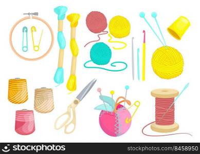 Colored various threads for sewing flat set for web design. Cartoon weaving wool, yarn, clew and needles isolated vector illustration collection. Hobby and knitting concept