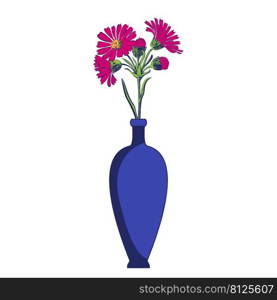Colored vases with blooming flowers for decoration and interior. Pink Chrysanthemums bouquet in blue vase isolated on white background. Vector illustration