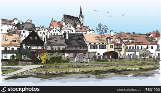 Colored Vector panoramic view of Cesky Krumlov city in Czech Republic with roofs, houses and a pond hand drawing Illustration