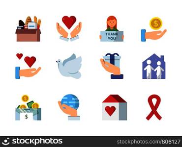 Colored vector symbols of charities. Charity and help, support and donate icons of set illustration. Colored vector symbols of charities