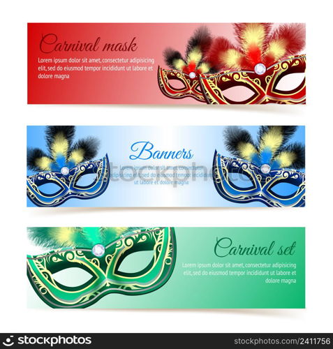 Colored venetian carnival mardi gras colorful party masks banners isolated vector illustration