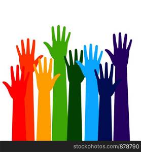 Colored volunteer crowd hands isolated on white background. Raised hand silhouettes, people colorful voting vector illustration. Colored volunteer crowd hands