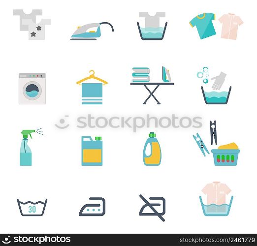 Colored Washing Icons and Laundry Symbols in flat style on white background