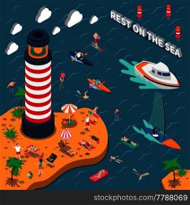 Colored water sports isometric people poster with rest on the sea descriptions vector illustration. Water Sports Isometric People Poster