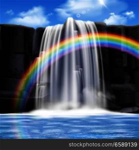 Colored waterfalls realistic composition with big colored rainbow and water flows from the mountains vector illustration. Colored Waterfalls Realistic Composition