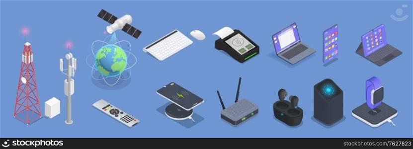 Colored wireless technologies isometric icon set with pos terminal connection smartphone router satellite and other elements of technology vector illustration