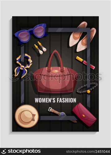 Colored women accessories poster with women s fashion headlines and hat handbag shoes cosmetics vector illustration. Women Accessories Poster