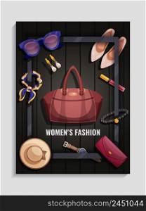 Colored women accessories poster with women s fashion headlines and hat handbag shoes cosmetics vector illustration. Women Accessories Poster