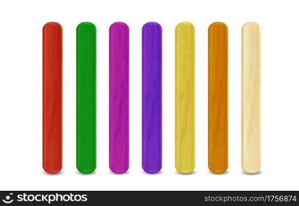 Colored wooden sticks for popsicle or tongue depressors isolated on white background. Vector realistic set of rainbow colors wood popsticks for ice cream and desserts. Colored wooden sticks for popsicle, popsticks