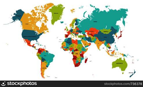 Colored world map. Political maps, colourful world countries and country names. Geography politics map, world land atlas or planet cartography vector illustration. Colored world map. Political maps, colourful world countries and country names vector illustration