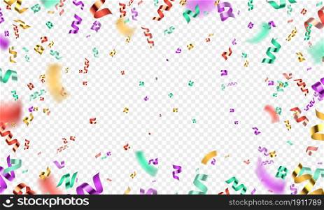 Colorful 3d confetti explosion, party or carnival background. Realistic falling glitter serpentine. Birthday celebration vector decoration. Shimmer particles for surprise or magic show. Colorful 3d confetti explosion, party or carnival background. Realistic falling glitter serpentine. Birthday celebration vector decoration