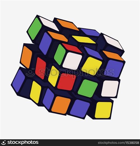 Colorful 3d puzzle cube combination vector graphic illustration. Classic difficult logic game entertainment isolated on white background. Concept of find solution and decision problem. Colorful 3d puzzle cube combination vector graphic illustration