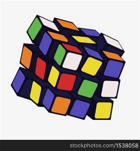 Colorful 3d puzzle cube combination vector graphic illustration. Classic difficult logic game entertainment isolated on white background. Concept of find solution and decision problem. Colorful 3d puzzle cube combination vector graphic illustration