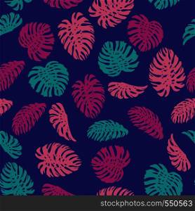 Colorful abstract color tropical leaves monstera seamless vector pattern on the blue background. Fresh contemporary composition
