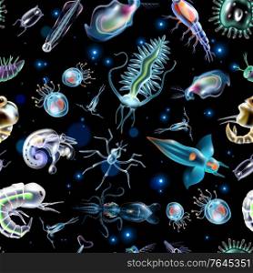 Colorful abstract pattern consisting of glowing lights and luminescent images of marine plankton on dark background vector illustration. Plankton Abstract Pattern
